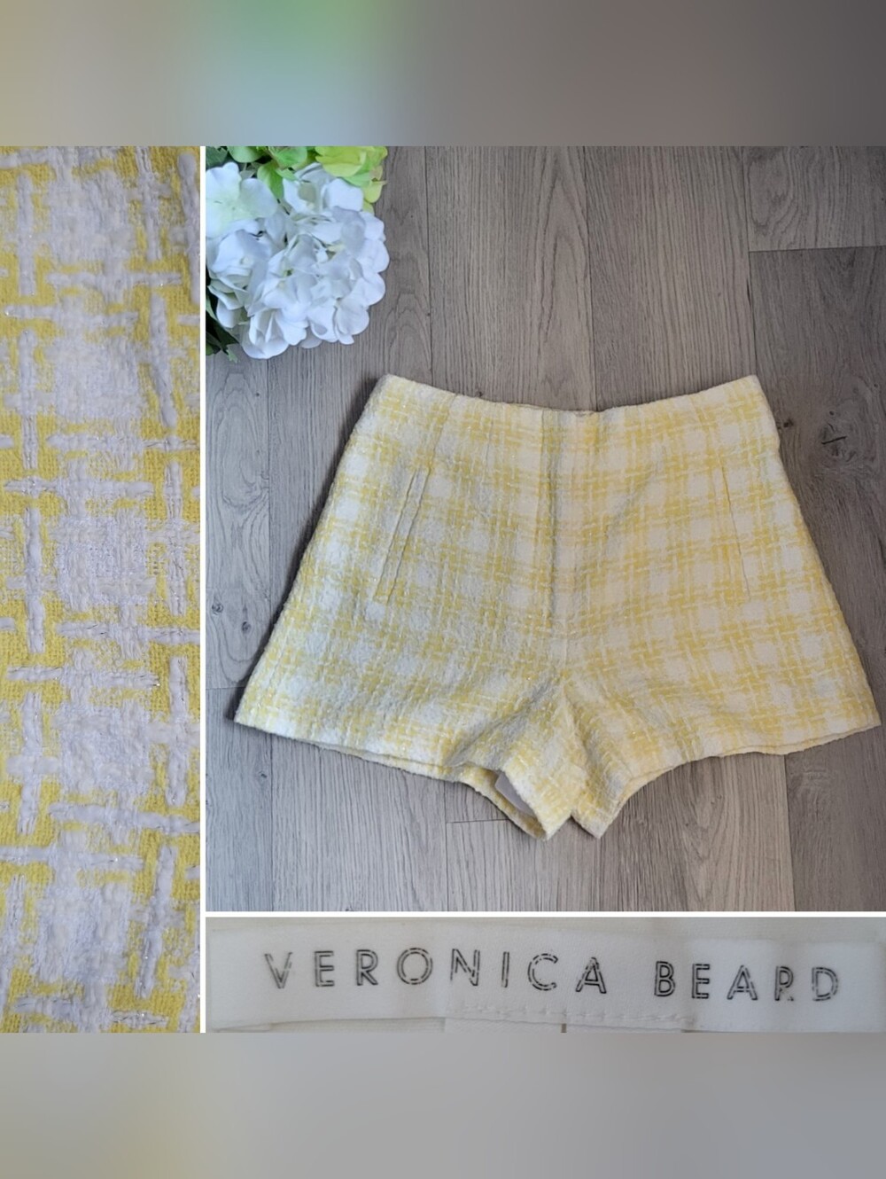 Veronica Beard Jazmin Tweed High-Waist Shorts Pale Yellow & White Plaid, Women 6